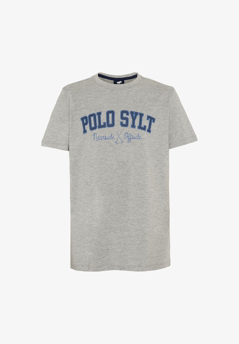 Gray cotton t-shirt with short sleeves and round neck. Front features blue printed text: "POLO SYLT" and "Nearside X Offside."
