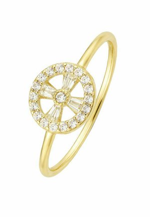 Anello in oro con montatura circolare con un diamante centrale, circondato da diamanti baguette rotondi e affusolati alternati in un design simile a una ruota.