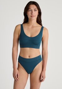 Teal seamless bralette and high-waisted brief set. Soft fabric, scoop neck, wide straps, and elasticized waistband. Simple design, no patterns.