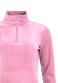 Fleece pullover in lichtroze met een ritskraag, voorzien van een getextureerd kabelpatroon over de stof en lange mouwen.