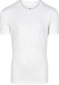 Kortærmet hvid bomulds T-shirt med rund halsudskæring, glat tekstur og ingen synlige mønstre eller dekorationer.