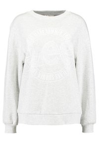 Světle šedá mikina s kulatým výstřihem a spadlými rukávy. Obsahuje texturované bílé logo "Lee" a žebrované manžety. Měkký, neformální design.