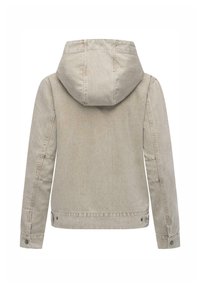 Giacca di denim beige con cappuccio, maniche lunghe e polsini con bottoni. Presenta tasche laterali e un orlo dritto. Tessuto testurizzato con cuciture a vista.