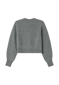 Pull gris court, texture tricotée, manches raglan longues, bord-côtes aux poignets et à l'ourlet, col rond, matériau doux, design minimaliste.