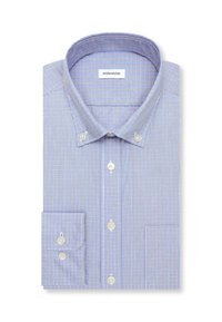 Chemise à carreaux bleu clair avec boutons blancs, col boutonné et manche longue avec poignet replié, étiquetée "seidensticker".