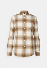 Ruskean ja kermaisen ruutukuosiset pitkähihainen paita, nappikiinnitys edessä, kauluksellinen ja teksturoitu kangas. Huomaamaton logotieto rinnan kohdalla.