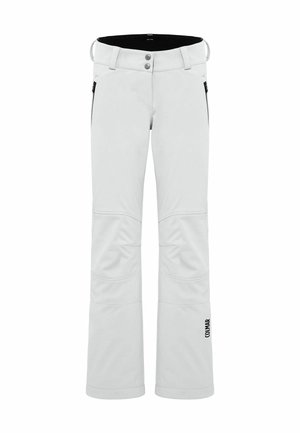Pantaloni da sci bianchi realizzati in un tessuto morbido e elastico con una texture liscia. Presentano due tasche frontali, dettagli con zip e un logo sulla gamba.