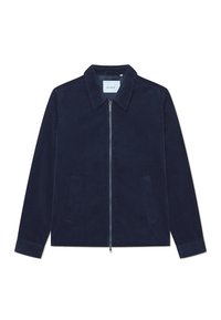Marineblaues Cord-Jacket mit Reißverschluss, spitzem Kragen und zwei seitlichen Taschen. Strukturierter Stoff, lange Ärmel und geknöpfte Säume.