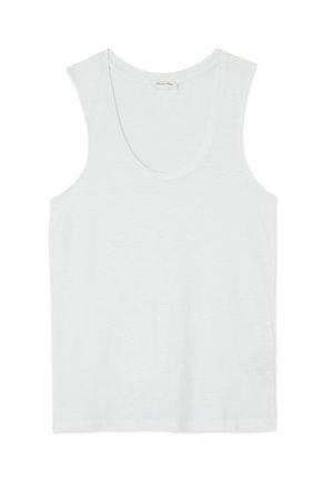 Canotta bianca senza maniche con scollo a U, realizzata in tessuto morbido e leggero, con una piccola etichetta del marchio all'interno del collo.