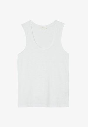 Valge varrukateta ümar kaelusega top, valmistatud pehmest ja kergest kangast, kaelas sees väike riidetikand.