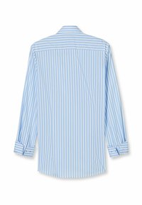 Hellblau und weiß gestreiftes Langarmhemd mit Kentkragen, knöpfbaren Manschetten und abgerundetem Saum. Hergestellt aus glattem Material.