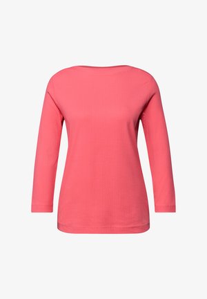 Top corallo a maniche lunghe realizzato in tessuto a coste. Presenta una scollatura rotonda e una vestibilità rilassata. Design semplice senza motivi o dettagli visibili.