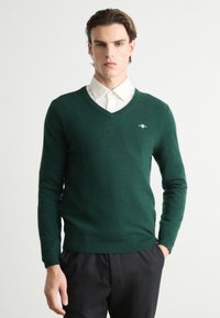 Pulover verde cu guler în V, realizat dintr-un material tricotat moale, cu mâneci lungi și talie ajustată. Are un mic logo pe piept.