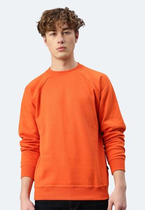 Felpa arancione con maniche raglan, materiale in misto cotone, colletto tondo, polsini e orlo a costine. Texture liscia, design minimalista.