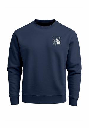 Navy blue sweatshirt, crew neck, regular fit. Front features a mountain graphic in a square with text "viva la monte." Smooth fabric texture.