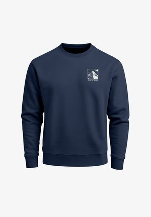 Marineblaues Sweatshirt mit Rundhalsausschnitt und normaler Passform. Auf der Vorderseite befindet sich eine Berggrafik in einem Quadrat mit dem Text "viva la monte". Glatte Stoffstruktur.