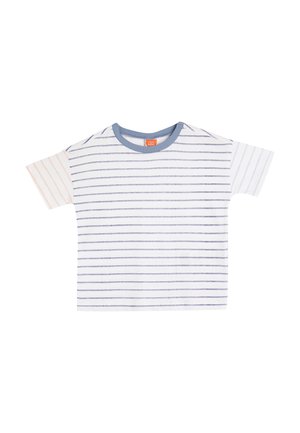 Pasek krótki T-shirt z krótkim rękawem w kolorze białym z granatowymi poziomymi paskami oraz pastelowymi rękawami. Ma niebieski okrągły dekolt i miękką, bawełnianą tkaninę.
