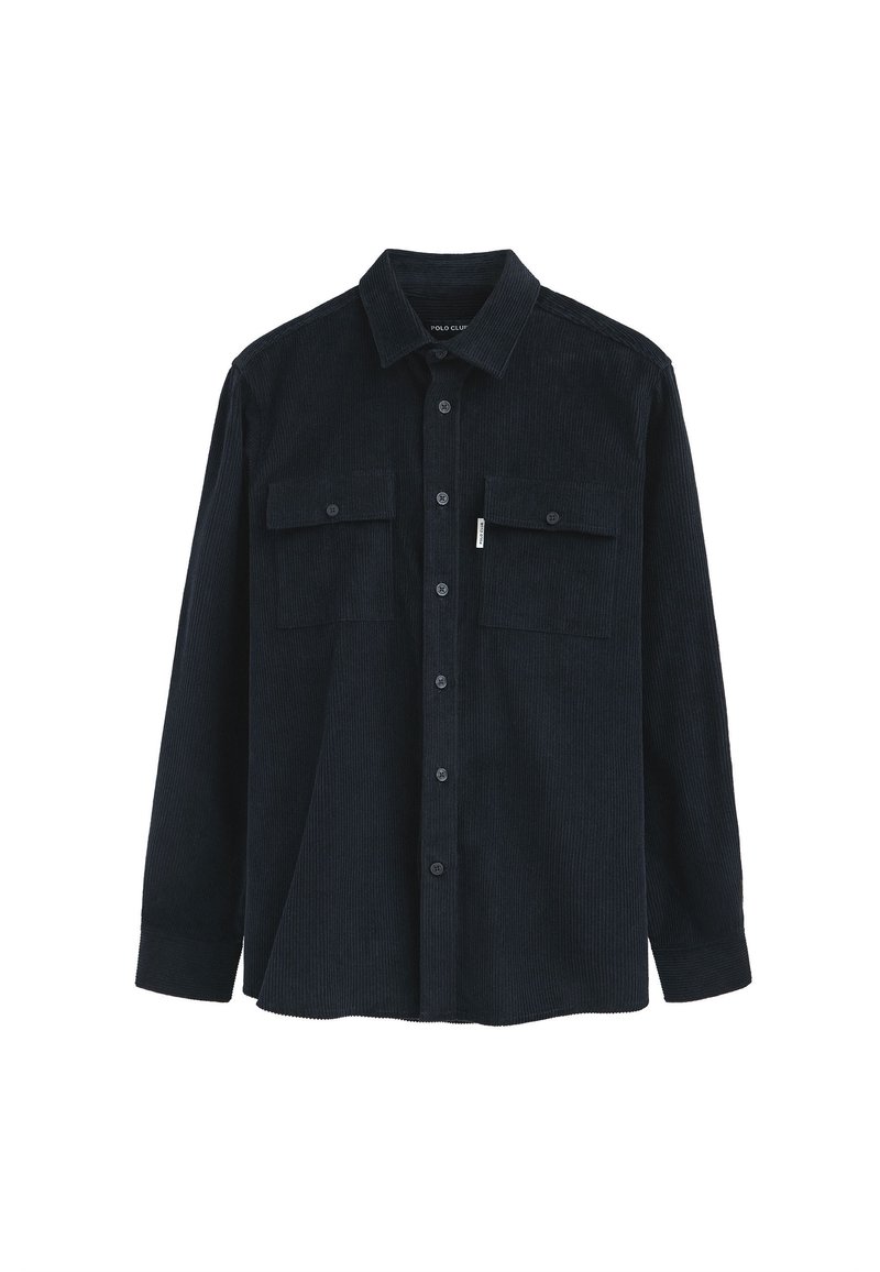 Camicia di velluto a coste di un blu scuro, con maniche lunghe, chiusura con bottoni sul davanti, due tasche sul petto e colletto classico. Tessuto testurizzato con righe verticali.