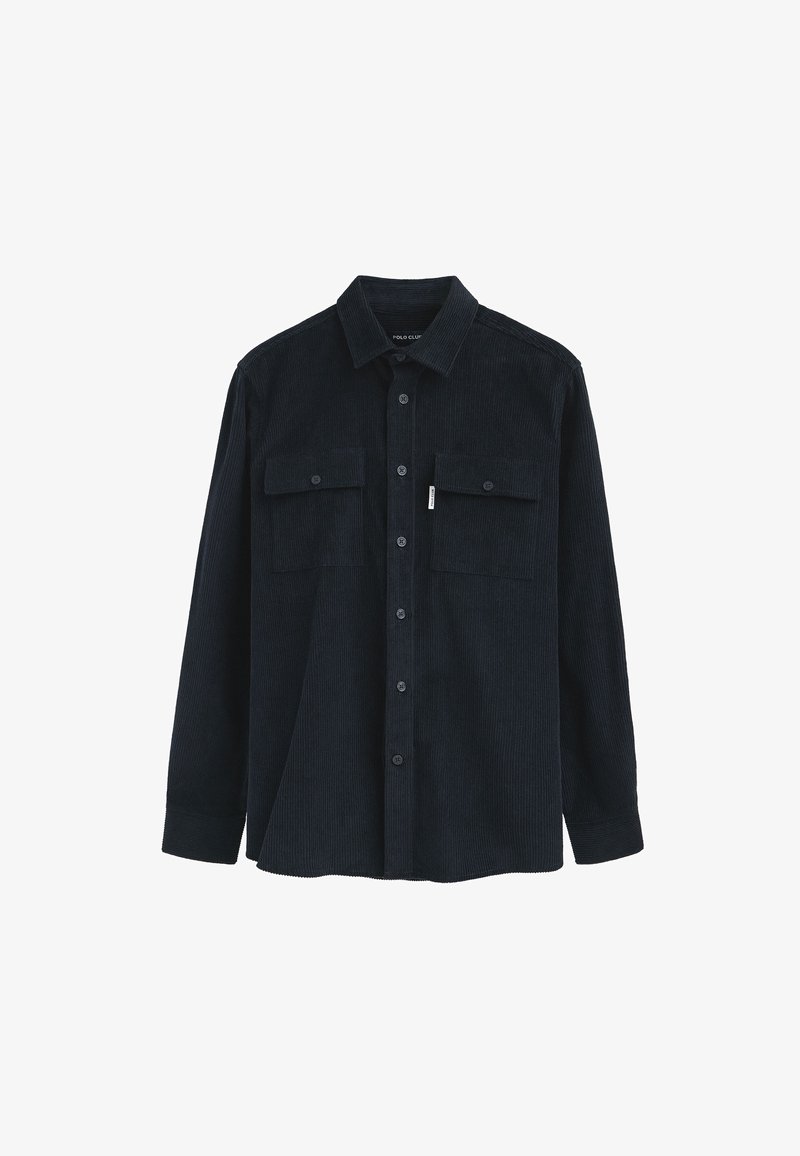 Camisa de pana en un tono azul marino oscuro, con mangas largas, cierre de botones en la parte delantera, dos bolsillos en el pecho y un cuello clásico. Tejido texturado con un canalé vertical.