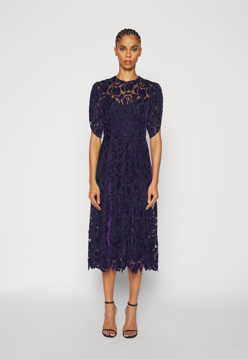 erdem purple dress ERDEM Bead-embellished appliqud crinkled-satin bustier midi dress