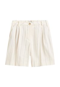 Lichtbeige shorts met smalle verticale blauwe strepen. Bevat twee voorkruiszakken en een centrale knoopsluiting met geplooid ontwerp.