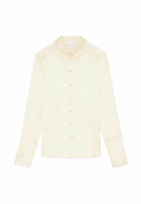 Blusa in satin color crema con colletto classico, chiusura frontale con bottoni e maniche lunghe con dettagli sui polsini. Texture liscia e design aderente.