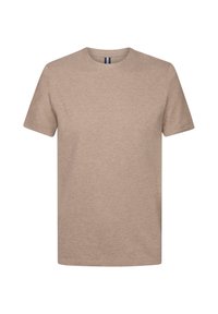 T-shirt beige a maniche corte realizzato in un tessuto morbido, caratterizzato da un collo rotondo e un design semplice senza fantasie o grafiche.