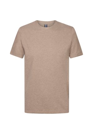 Beige short-sleeve t-shirt made of a soft fabric, featuring a round neck and plain design without patterns or graphics.