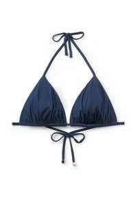 Marinblå bikiniöverdel med triangulära kupor och texturerad yta. Har tunna band i nacken och ryggen, med gyllene fyrkantiga detaljer i ändarna.