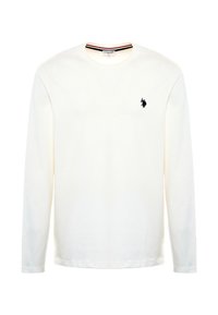 Camicia bianca a maniche lunghe in cotone. Caratterizzata da un collo rotondo, un piccolo logo ricamato sul lato sinistro del petto e un bordo del colletto a contrasto.