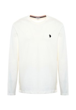 Camicia bianca a maniche lunghe in cotone. Caratterizzata da un collo rotondo, un piccolo logo ricamato sul lato sinistro del petto e un bordo del colletto a contrasto.