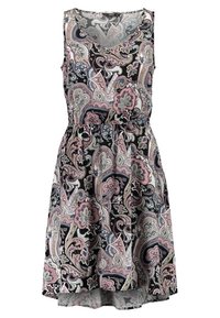 Robe sans manches avec une base noire ornée de motifs paisley intricats en rose et bleu. Taille élastique et jupe fluide.