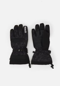 Black gloves with a camo pattern, made of synthetic material. Features adjustable cuffs, reinforced palms, and distinctive branding on the side.