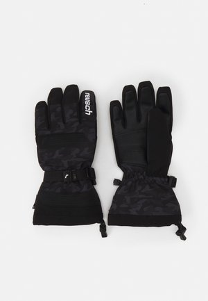 Black gloves with a camo pattern, made of synthetic material. Features adjustable cuffs, reinforced palms, and distinctive branding on the side.