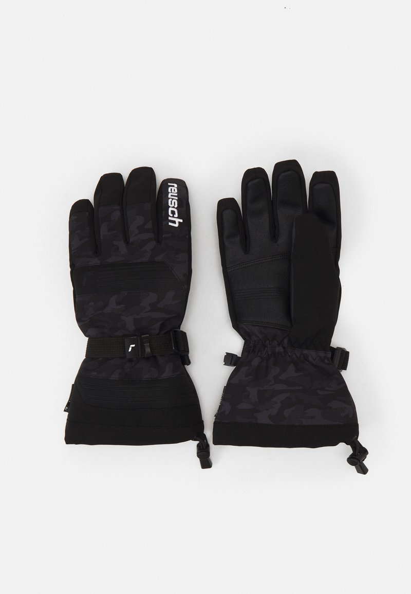 Schwarze Handschuhe mit einem Camouflage-Muster, aus synthetischem Material gefertigt. Verfügt über verstellbare Bündchen, verstärkte Handflächen und eine markante Kennzeichnung an der Seite.