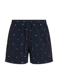 Pantaloni corti blu navy con vita elastica e cordino, caratterizzati da motivi geometrici multicolori su tutta la superficie. Materiale leggero.