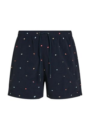 Pantaloni corti blu navy con vita elastica e cordino, caratterizzati da motivi geometrici multicolori su tutta la superficie. Materiale leggero.