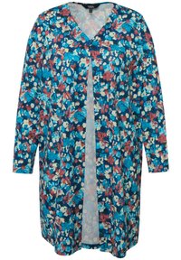 Cardigan con estampado floral que presenta un escote en V profundo, mangas largas y un cierre frontal con botones. Los colores incluyen azul, rojo, blanco y verde.