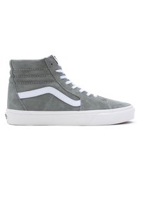 High-top sneakers in gray suede with white accents. Features include a smooth texture, padded collar, and white laces on a white rubber sole.