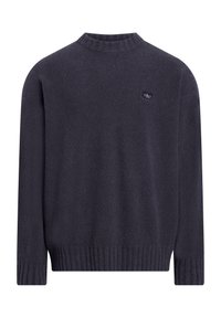 Ciemnogranatowy sweter z fakturowanej tkaniny, z okrągłym dekoltem, prążkowanymi mankietami i krawędzią. Na górnej części pleców znajduje się mała naszywka z logo.