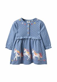 Sininen pitkähihainen mekko valkoisilla pilkuilla, prinsessasauma, röyhelö vyötäröllä, brodeerattuja yksisarvisia ja kukkia, puunapit kaula-aukolla.
