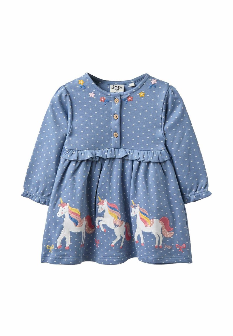 Sininen pitkähihainen mekko valkoisilla pilkuilla, prinsessasauma, röyhelö vyötäröllä, brodeerattuja yksisarvisia ja kukkia, puunapit kaula-aukolla.