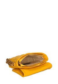 Yellow leather clutch with quilted texture, top zip closure, and gold-tone hardware. Interior features a beige lining and pocket.