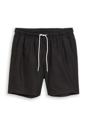 Black elastic waist shorts with white drawstring and side pockets, laid flat on a white background.