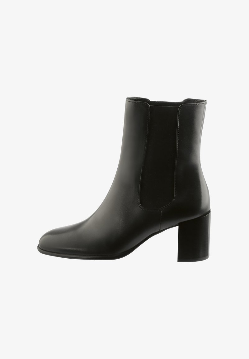 Czarne skórzane botki za kostkę z okrągłym noskiem, elastycznymi bocznymi panelami i masywnym słupkowym obcasem, o gładkim wykończeniu i bezszwowej konstrukcji.