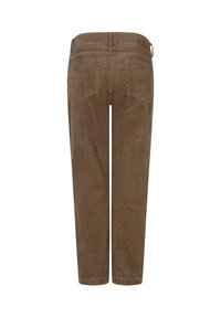 Brune fløjl bukser med lige ben design, med to baglommer og et læderdetalje på livformen.