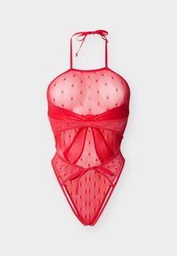 Κόκκινο κορμάκι με κορδόνι στο λαιμό, διαφάνεια με πουά σχέδιο, κόψιμο στη μέση και δεσίματα στον λαιμό και τη μέση, απλωμένο σε λευκό φόντο.