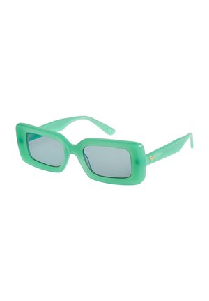 Green rectangular sunglasses with thick frames and dark lenses, featuring a small gold heart logo on the temple.