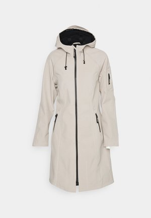 Beige hooded coat with a zip front, black zippers, and two side pockets. Features long sleeves and a smooth, matte texture.