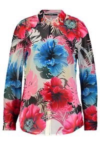 Chemisier floral à boutons, en tissu transparent multicolore, avec de grands motifs d'hibiscus et de pavot dans des tons de bleu, rose et vert.